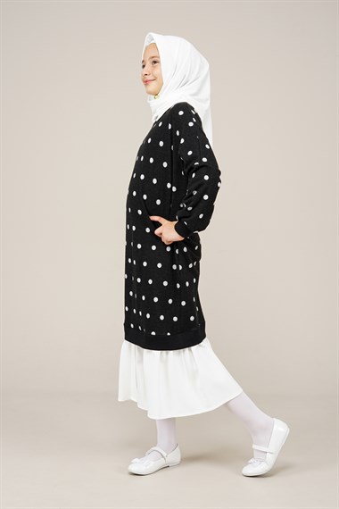 Genç Kız Puantiyeli Elbise  Siyah1014