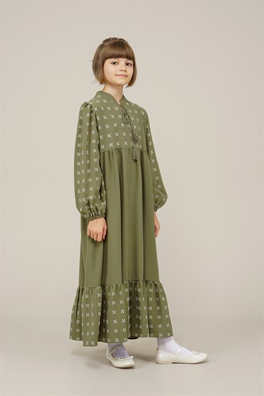 Genç Kız Püskül Detaylı Ponpon Elbise  HakiCE2220