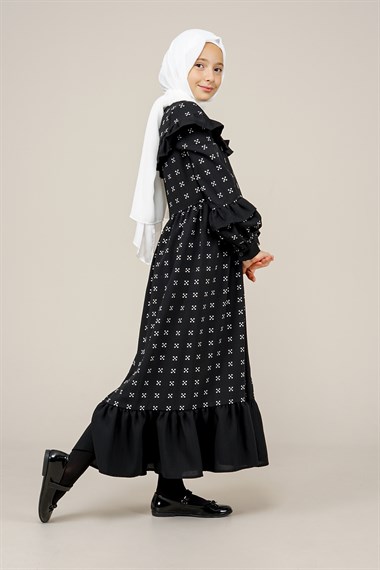 Genç Kız Yakası ve Kolları Pileli Boydan Elbise  SiyahCE2202