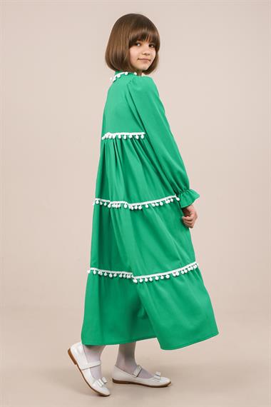 Genç Kız Yakası ve Kolları Ponpon Detaylı Elbise YeşilGE22206