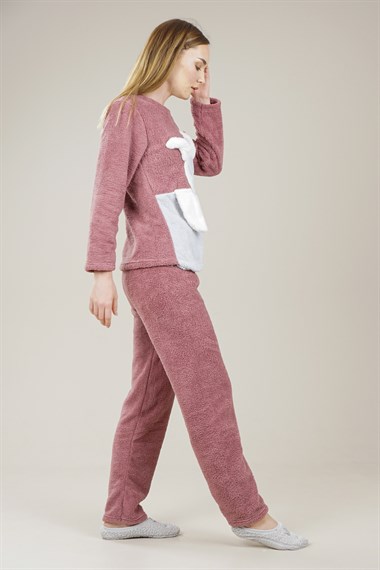 Kadın Ayı Detaylı Polar Pijama Takımı  Gül KurusuVO1080