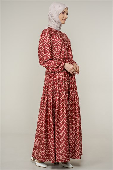Kadın Boydan Çiçek Desenli Digital Elbise  Bordo23281