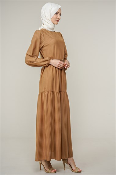 Kadın Boydan İnci Detaylı Elbise  Açık Kahve14135