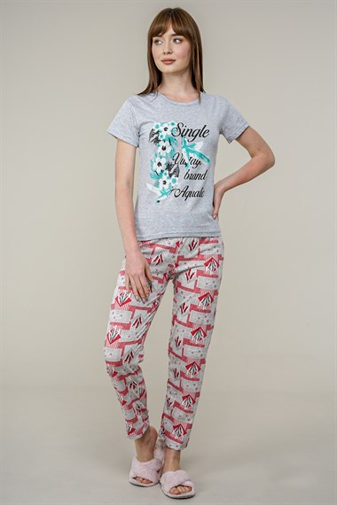 Kadın Çiçek Desenli Pijama Takımı  GriL6000