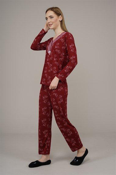 Kadın Çiçek Desenli Pijama Takımı  MürdümL2101