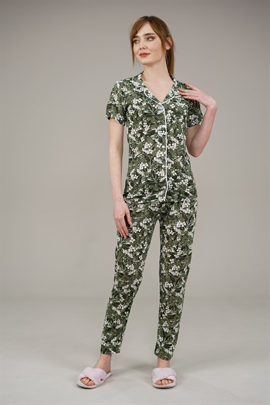 Kadın Çiçek Desenli Pijama Takımı  YeşilL5600