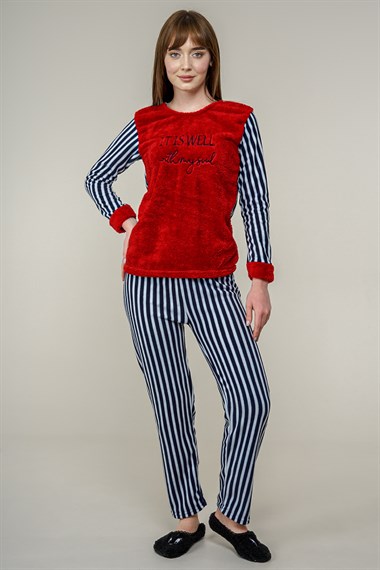 Kadın Çizgi Detaylı Pijama Takımı  Bordo2024