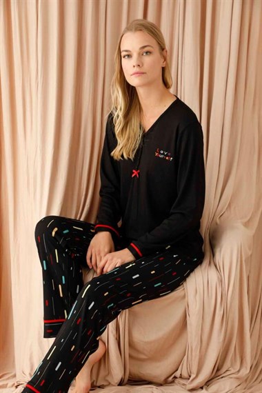 Kadın Desenli Pijama Takımı  Siyah551512
