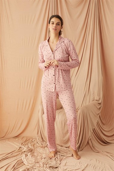 Kadın Düğmeli Pijama Takımı  Pudra55271
