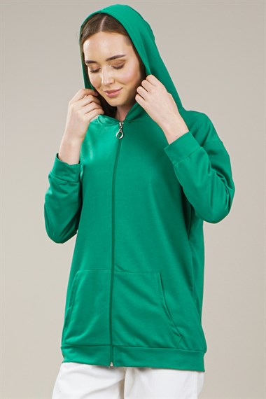 Kadın Fermuarlı Yetim Kol Oversize Sweatshirt  YeşilAS0066