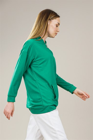 Kadın Fermuarlı Yetim Kol Oversize Sweatshirt  YeşilAS0066