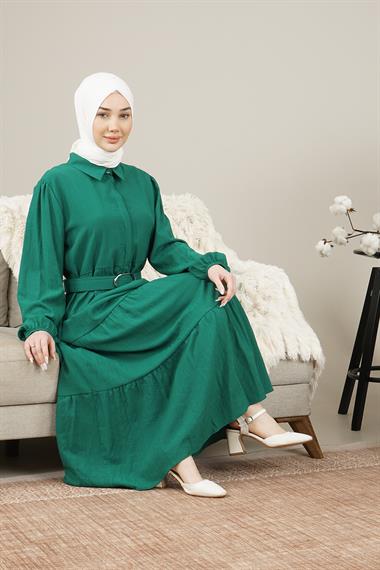 Kadın Gizli Patlı Kamerli Uzun Elbise Zümrüt YeşiliAS3943