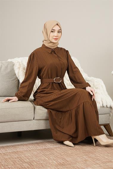 Kadın Gizli Patlı Kamerli Uzun Elbise KahverengiAS3943