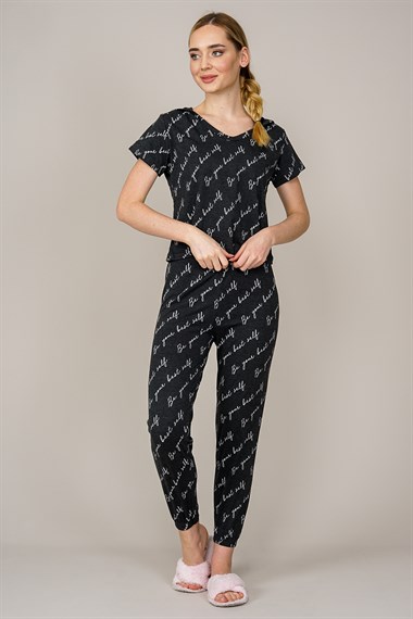 Kadın Kapüşonlu Pijama Takımı  Siyah2043