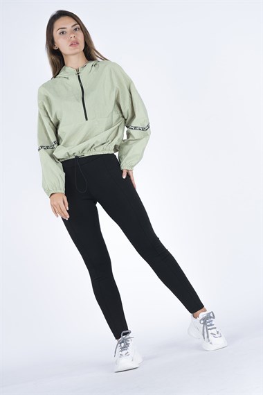 Kadın Kapüşonlu Şeritli Sweatshirt  Yeşil8401