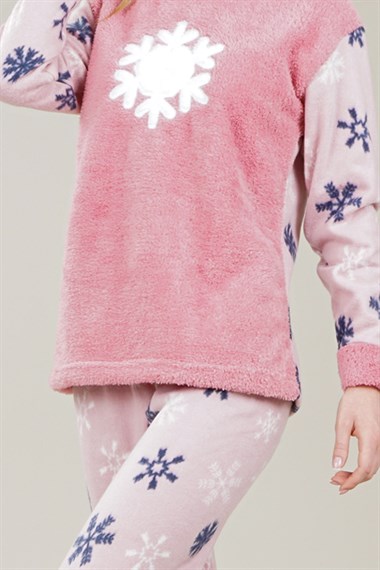 Kadın Kar Tanesi Detaylı Polar Pijama Takımı  PudraMİ1014