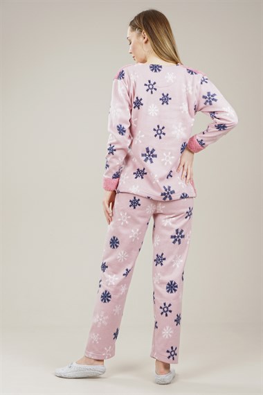 Kadın Kar Tanesi Detaylı Polar Pijama Takımı  PudraMİ1014