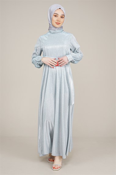 Kadın Kemeri Tokalı Simli Elbise  MaviETE630091