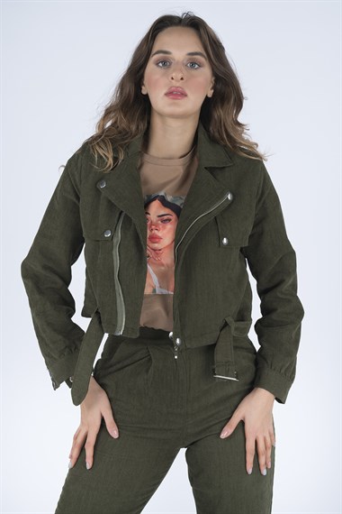 Kadın Kemerli Ceket 2'li Takım  Haki9537