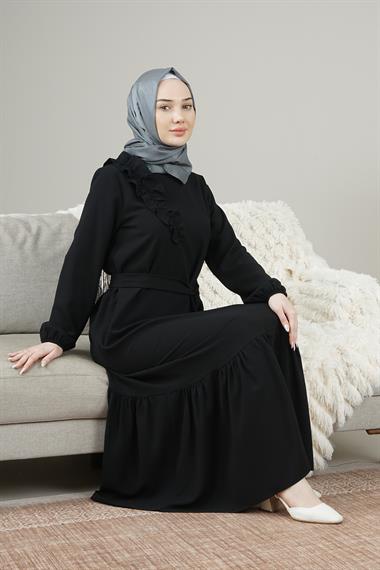 Kadın Kolları Lastikli Yakası Fırfır Detaylı Kemerli Uzun Elbise Siyah9214