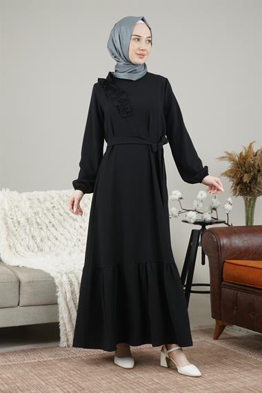 Kadın Kolları Lastikli Yakası Fırfır Detaylı Kemerli Uzun Elbise Siyah9214