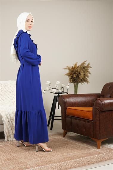 Kadın Kolları Lastikli Yakası Fırfır Detaylı Kemerli Uzun Elbise Mavi9214