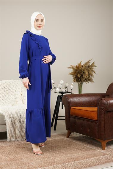 Kadın Kolları Lastikli Yakası Fırfır Detaylı Kemerli Uzun Elbise Mavi9214