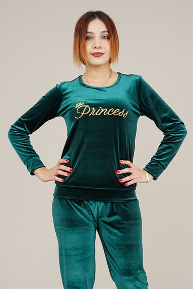 Kadın Nakış Detaylı Kadife Pijama Takımı Zümrüt YeşiliM1028