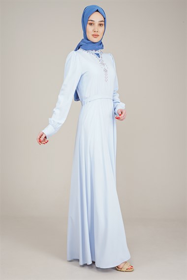 Kadın Nakış Detaylı Kemerli Elbise MaviETE630341