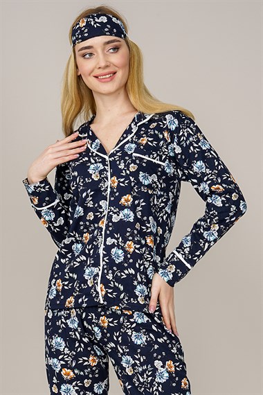 Kadın Önden Düğmeli Çiçek Desenli Pijama Takımı  Lacivert2502