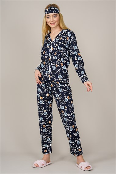 Kadın Önden Düğmeli Çiçek Desenli Pijama Takımı  Lacivert2502