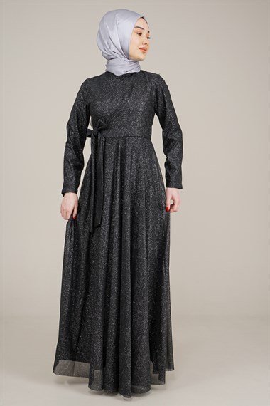 Kadın Sim Detaylı Tüllü Uzun Elbise SiyahAT2904