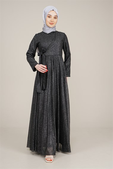 Kadın Sim Detaylı Tüllü Uzun Elbise SiyahAT2904