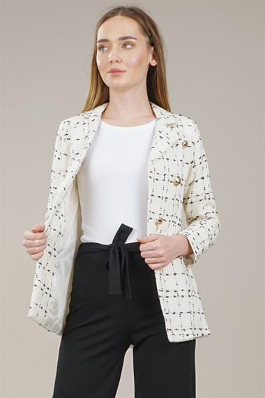 Kadın Twit Kumaş Gold Düğmeli Blazer Ceket  KremHO2226