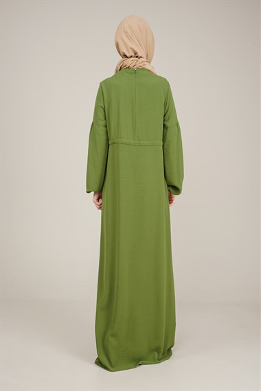 Kadın Yakası Nakış Detaylı Kolları Lastikli Uzun Elbise YeşilETE63030