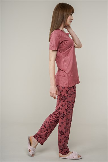 Kadın Yaprak Desenli Pijama Takımı  Gül KurusuL5200