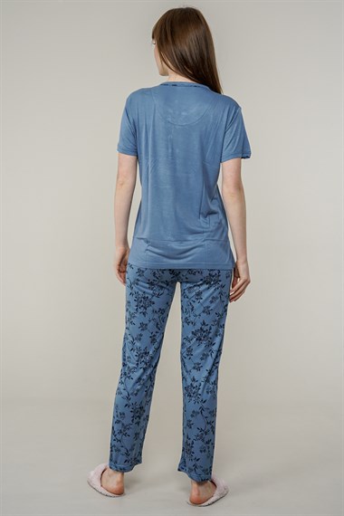 Kadın Yaprak Desenli Pijama Takımı  MaviL5200