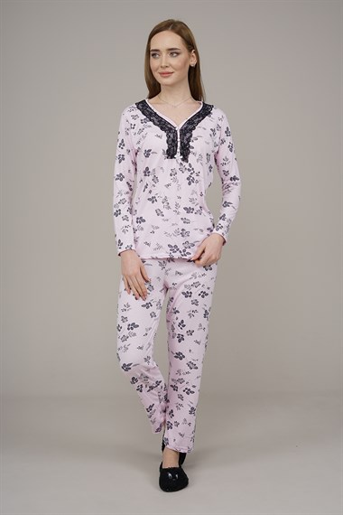 Kadın Yaprak Desenli Pijama Takımı  PembeL02300