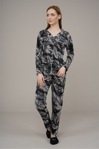 Kadın Yaprak Desenli Pijama Takımı  SiyahL1001