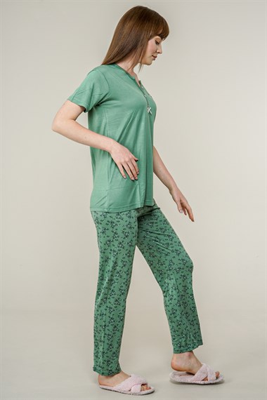Kadın Yaprak Desenli Pijama Takımı  YeşilL5200