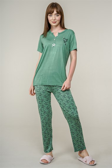 Kadın Yaprak Desenli Pijama Takımı  YeşilL5200