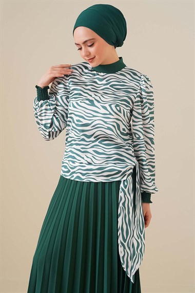 Kadın Zebra Desenli Yandan Bağlamalı Takım  YeşilPO0537