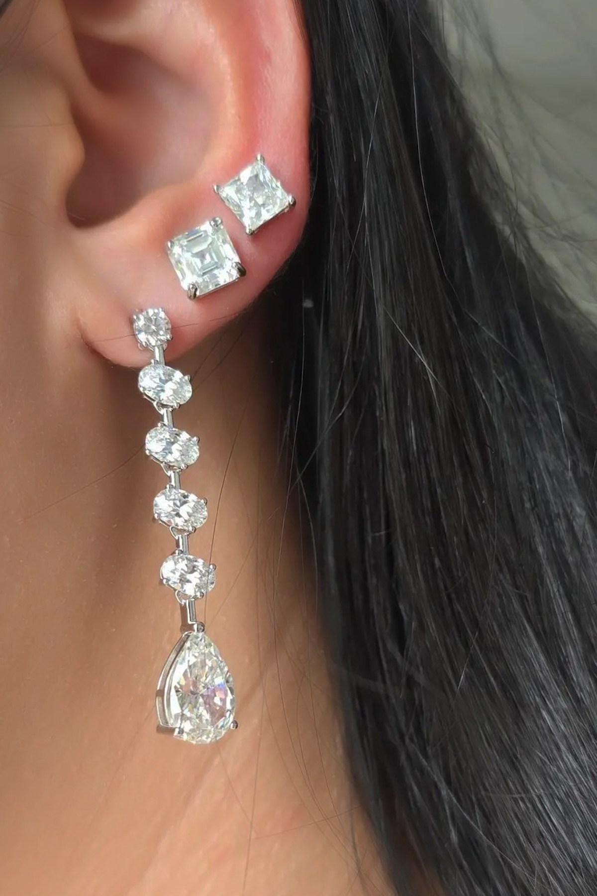 ÇİFT MOZANİT CASCADE DROP OVAL GÜMÜŞ KÜPE