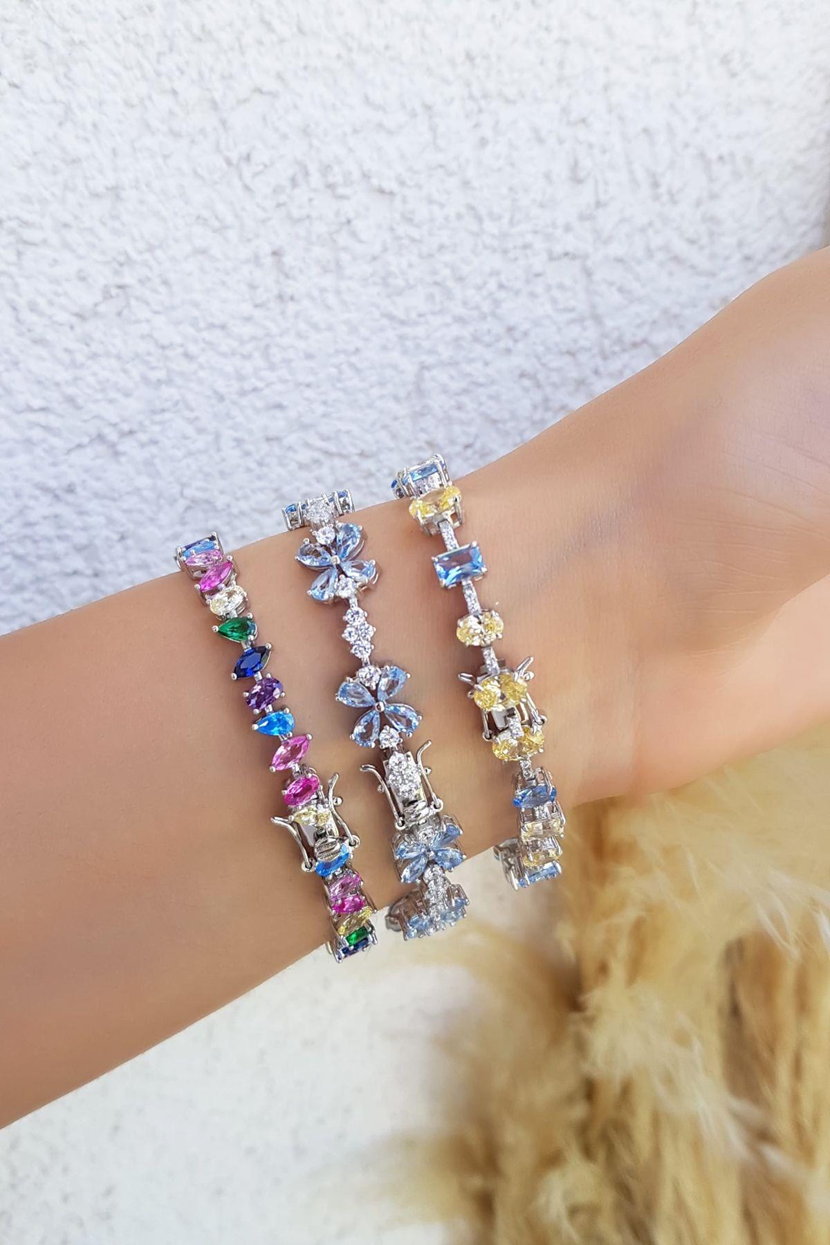 İTHAL BUZ KESİM RENKLİ DAMLA PEMBE AQUA SARI GÜMÜŞ BİLEKLİK