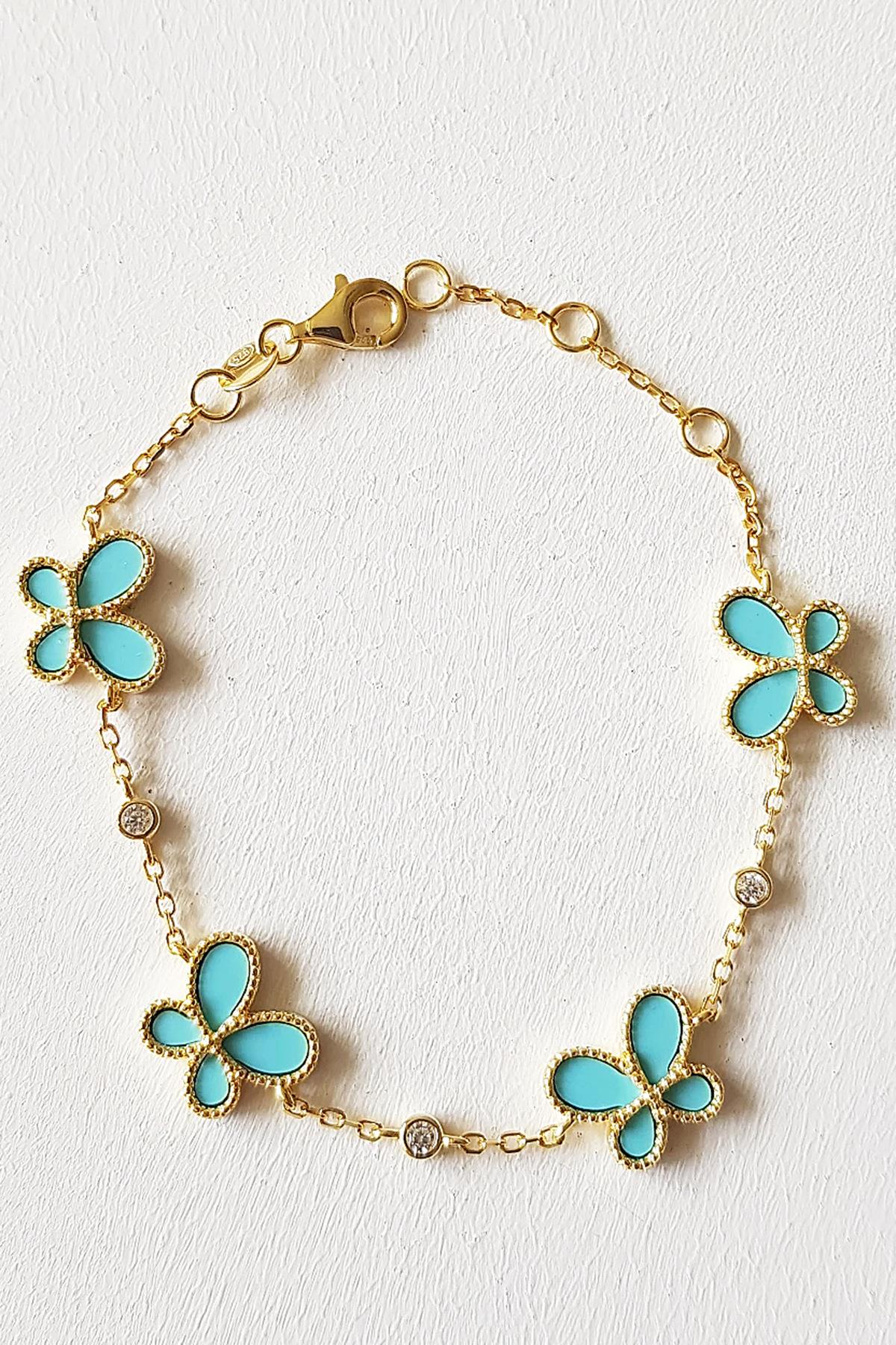 İTHAL ÇİÇEKLİ TURKUAZ GÜMÜŞ BİLEKLİK