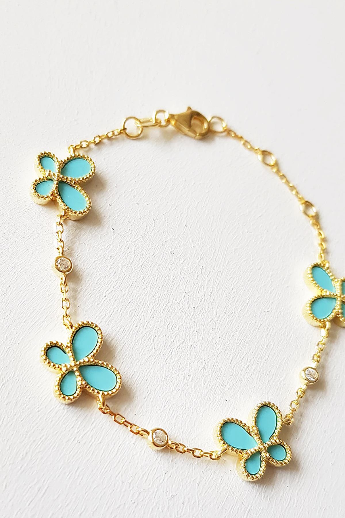 İTHAL ÇİÇEKLİ TURKUAZ GÜMÜŞ BİLEKLİK