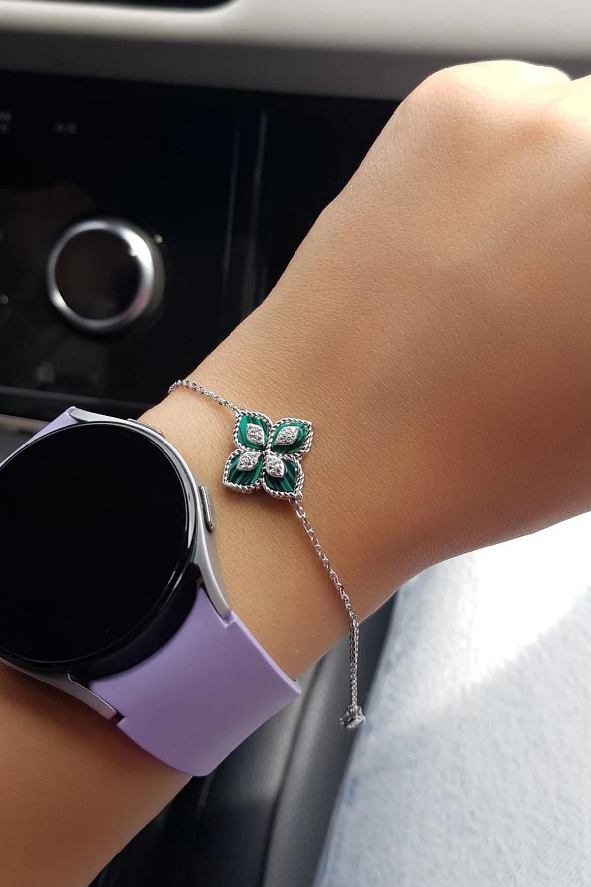 İTHAL ÇİÇEKLİ YEŞİL SEDEF GÜMÜŞ BİLEKLİK