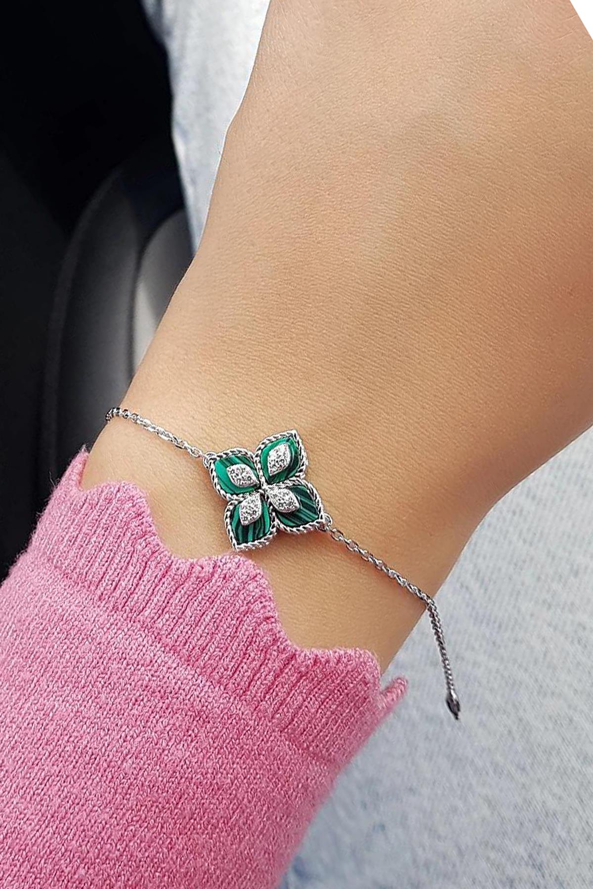 İTHAL ÇİÇEKLİ YEŞİL SEDEF GÜMÜŞ BİLEKLİK