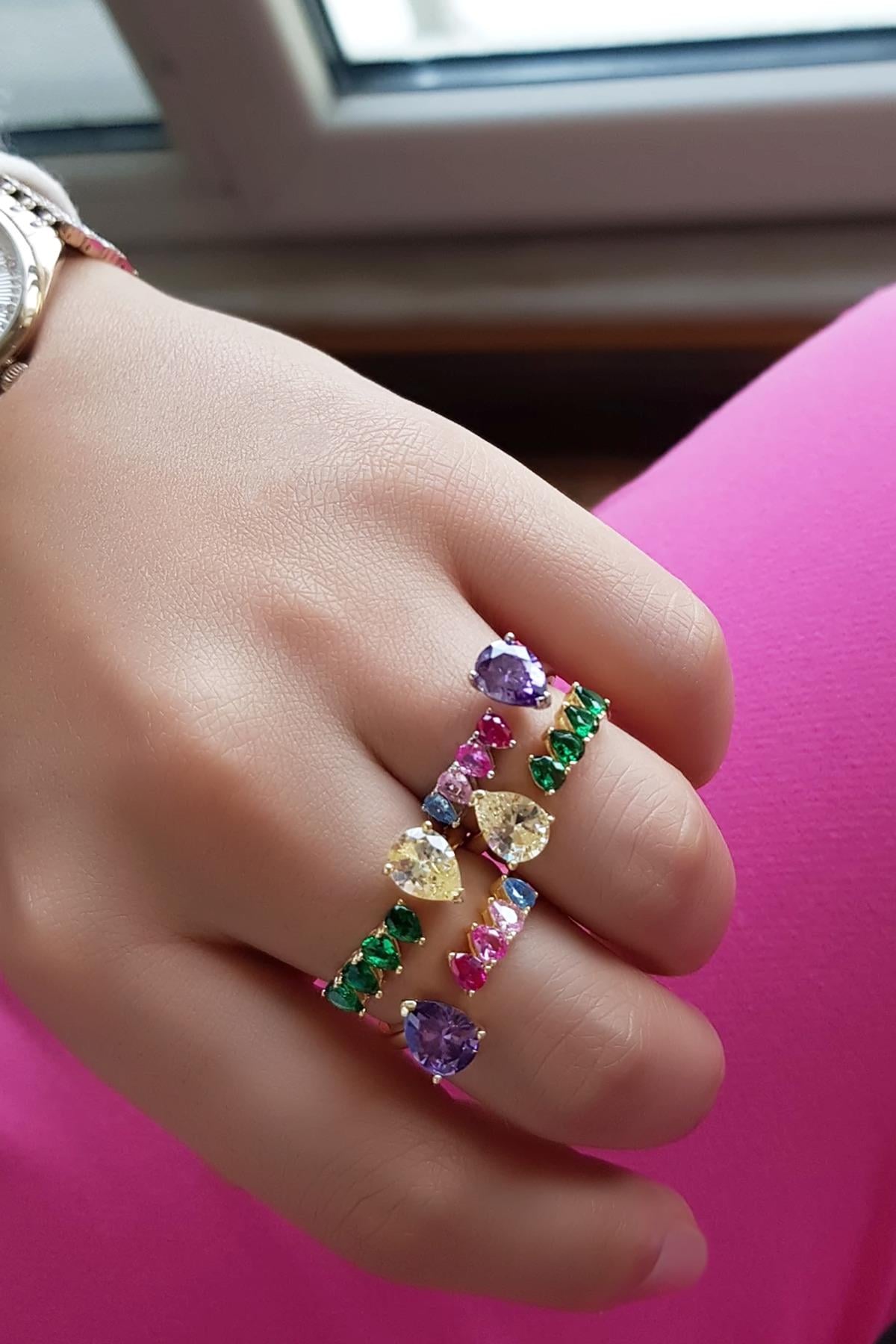İTHAL FANCY KESİM TAŞLI RENKLİ DAMLA GÜMÜŞ YÜZÜK