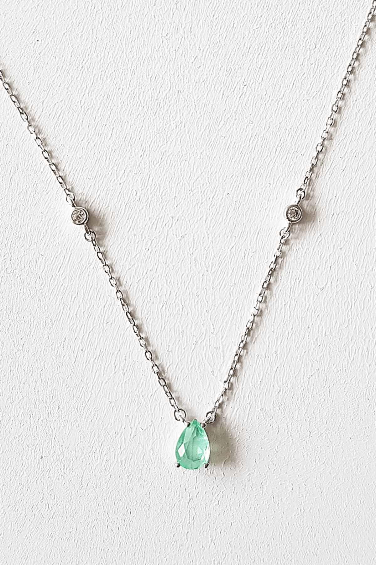 İTHAL MİNİ PARAİBA TURMALİN DAMLA 2 TAŞ YAN GÜMÜŞ KOLYE